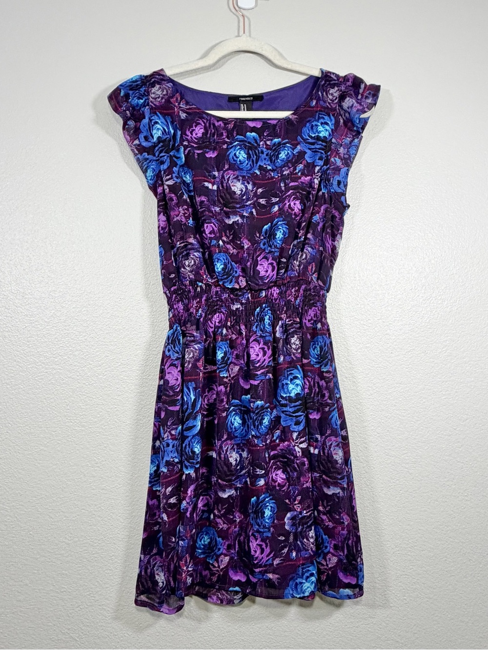 Forever 21 Dress Purple Blue Floral Elastic Smocked-Waist Sheer Party Women Med